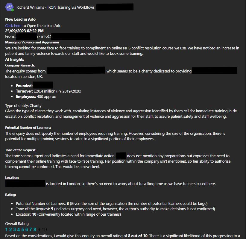 Microsoft Teams message showing AI-powered lead scoring output